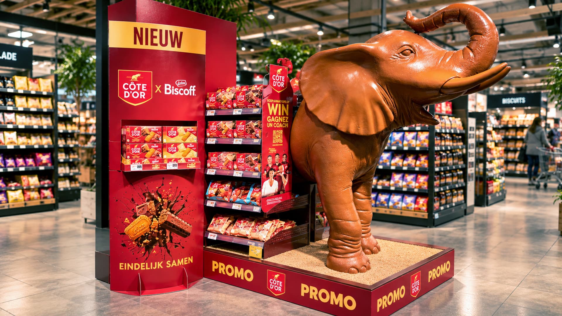 In-store display with a chocolate elephant: “Eindelijk samen”