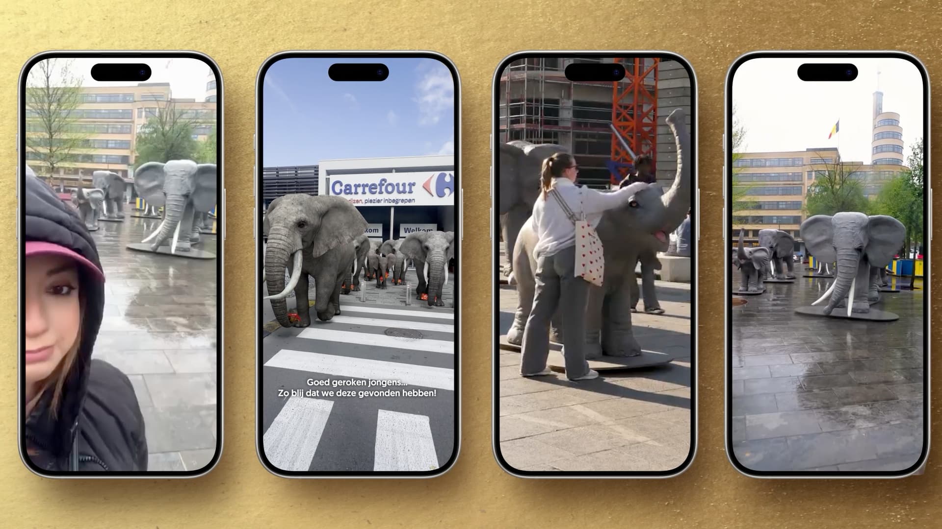 Phone screens with people finding the elephant statues in Belgian cities