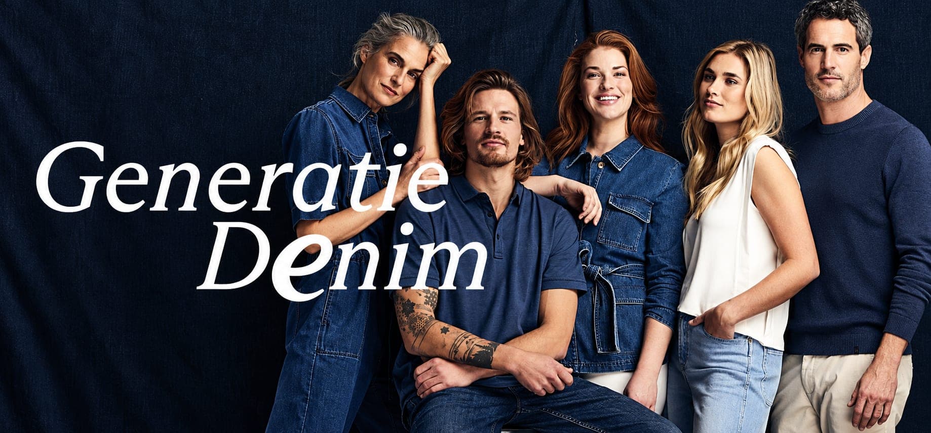 e5 “Generatie Denim” campaign visual with five models in denim