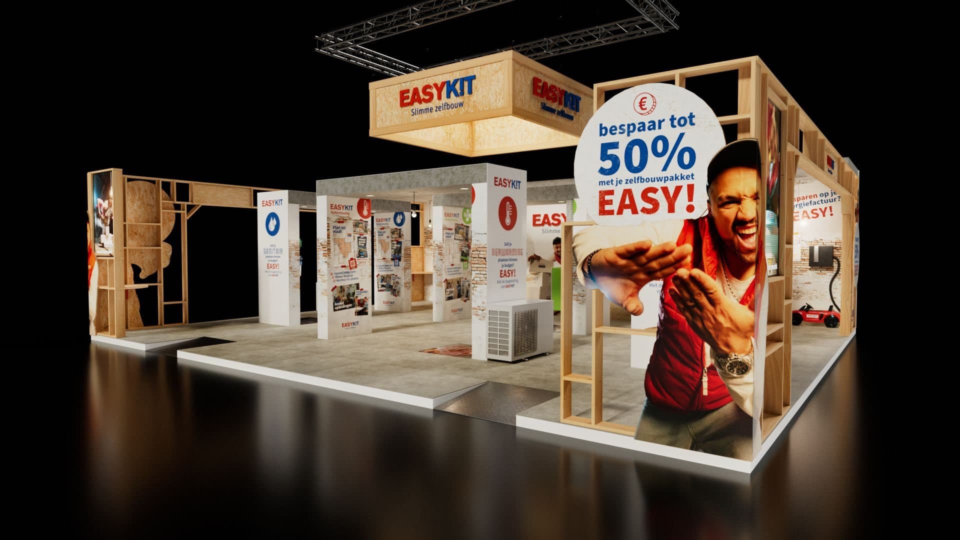 The Easykit fair stand design: an open timber frame with product displays and “Bespaar tot 50%” signage