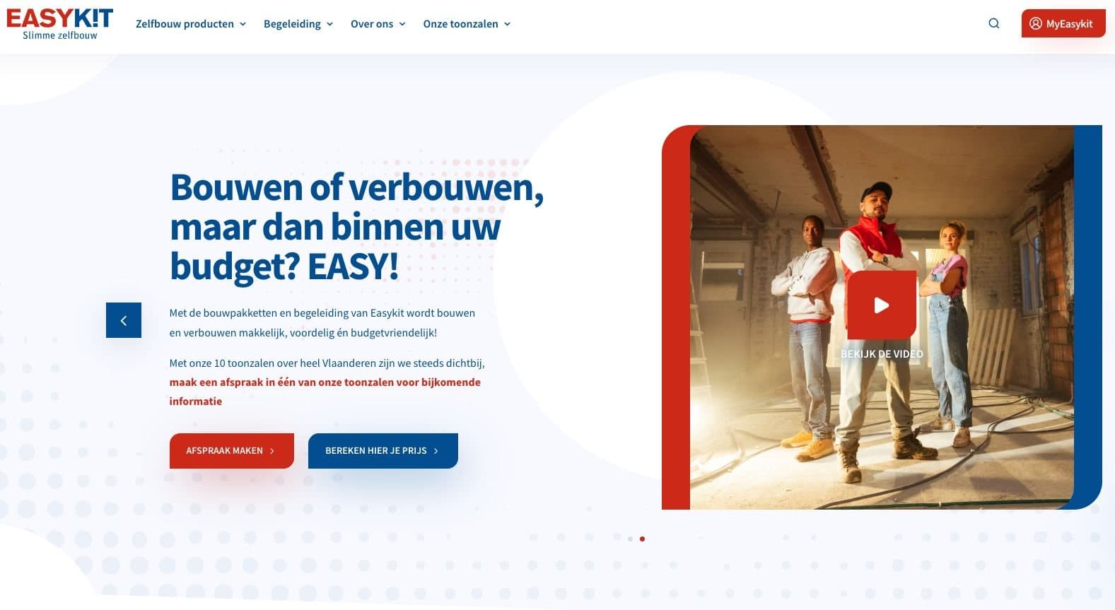 The Easykit website homepage: “Bouwen of verbouwen, maar dan binnen uw budget? EASY!”