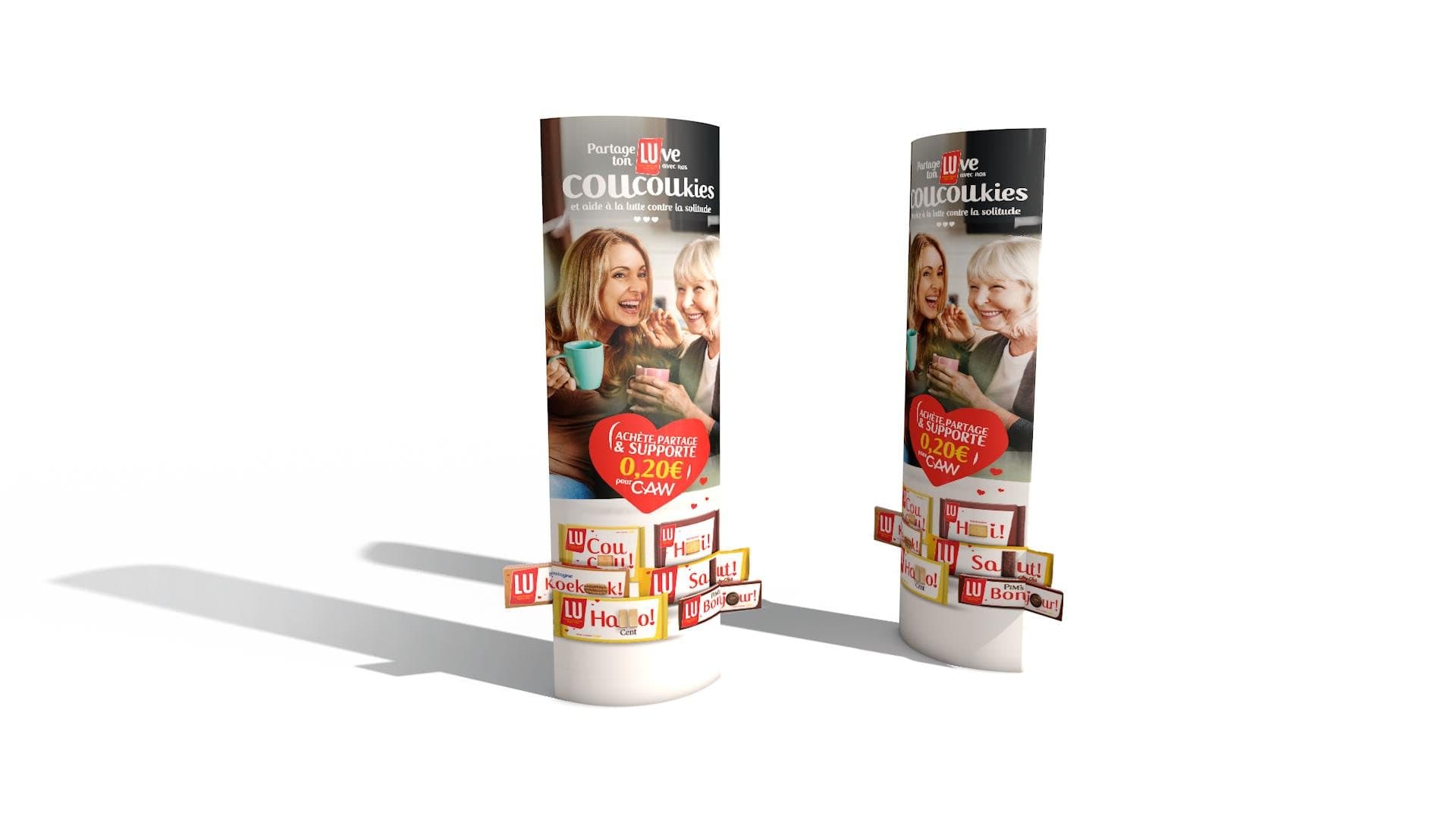 LU #SharetheLUve point-of-sale display columns