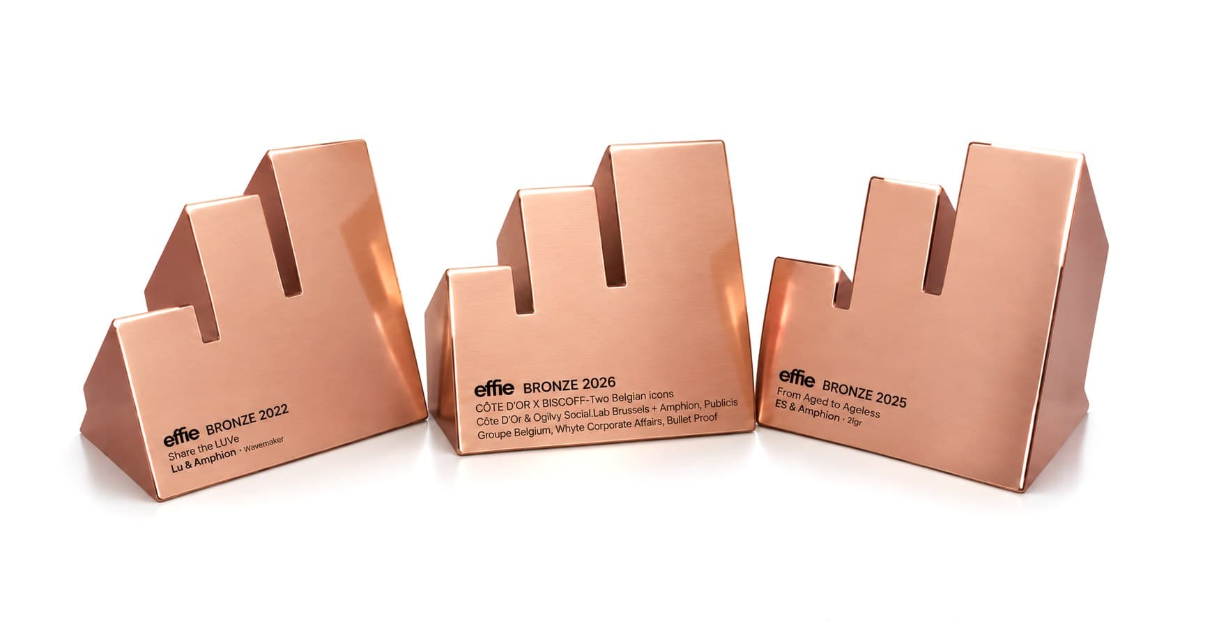 Three bronze Effie awards won by Amphion (2022, 2025 and 2026)